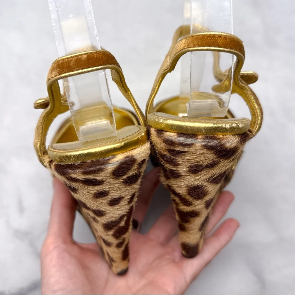 PRADA Vintage Y2K Velvet Leopard Calf Hair Leather Platform Wedge Sandal Heel 38